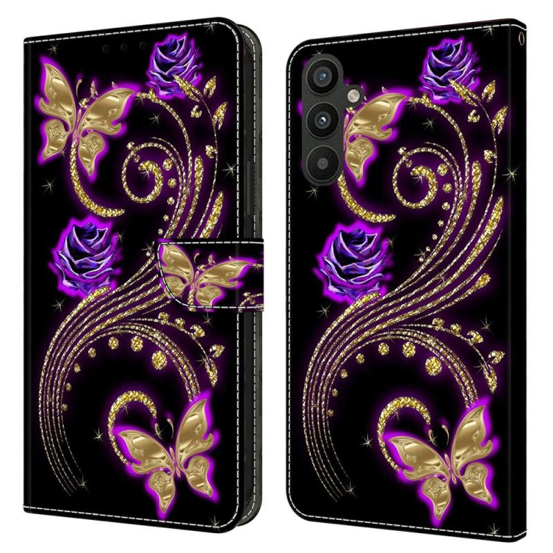 Leren Hoesje Voor Samsung Galaxy A15 Violette Bloemen En Vlinders