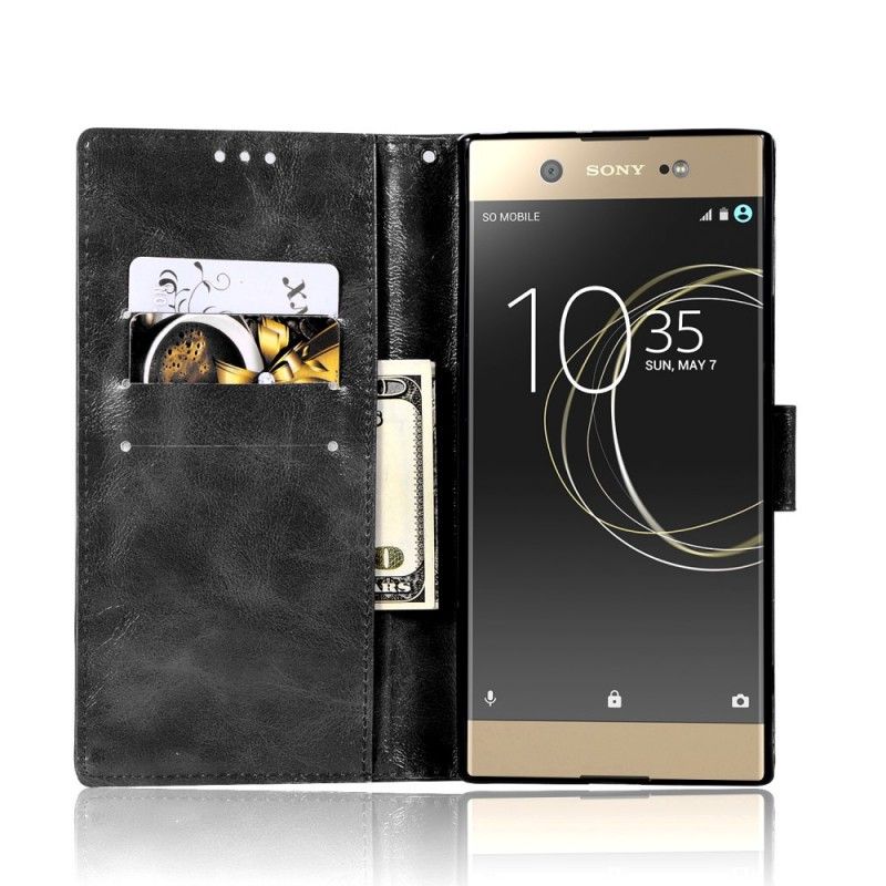 Leren Hoesje Sony Xperia XA1 Grijs Zwart Telefoonhoesje Vintage Leereffect Met Riempje