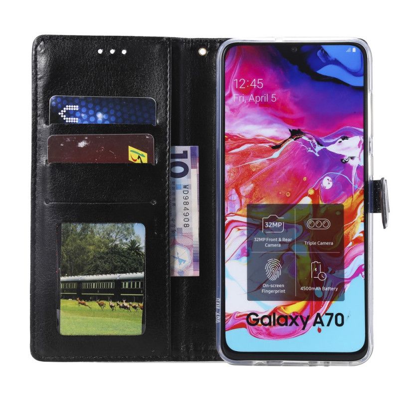 Bescherming Hoesje Samsung Galaxy A70 Lichtblauw Zwart Designer Pailletten Met String