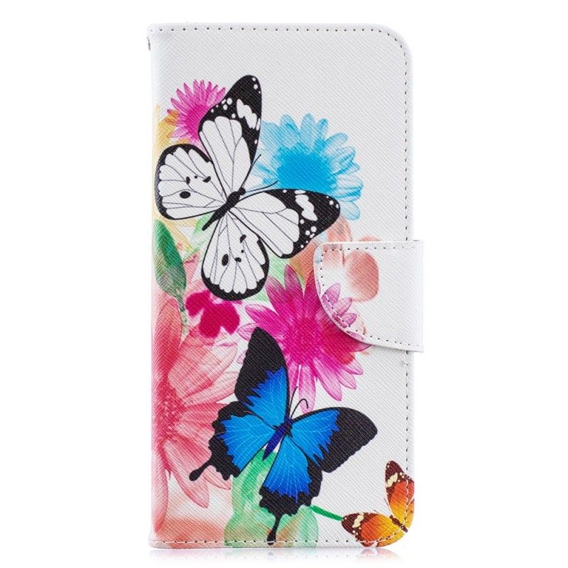 Cover Folio-hoesje Samsung Galaxy A70 Lichtblauw Magenta Telefoonhoesje Geschilderde Vlinders En Bloemen