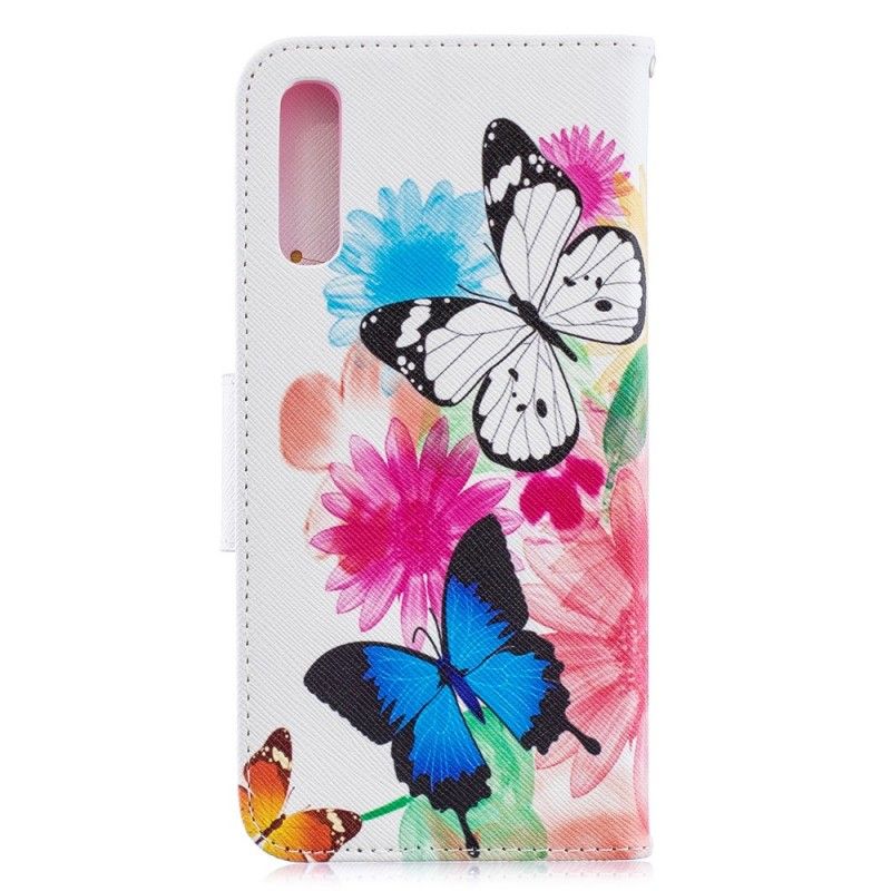 Cover Folio-hoesje Samsung Galaxy A70 Lichtblauw Magenta Telefoonhoesje Geschilderde Vlinders En Bloemen