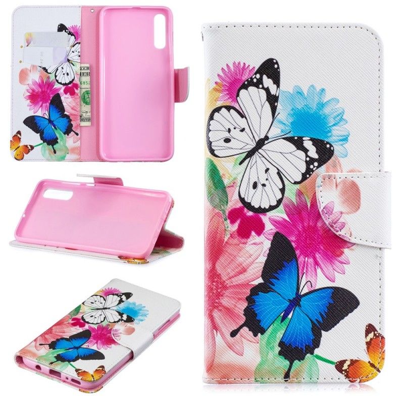 Cover Folio-hoesje Samsung Galaxy A70 Lichtblauw Magenta Telefoonhoesje Geschilderde Vlinders En Bloemen