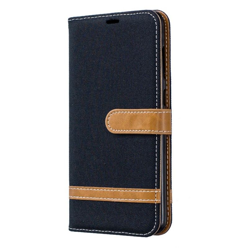 Flip Case Leren Samsung Galaxy A70 Grijs Zwart Stof En Leereffect Met String