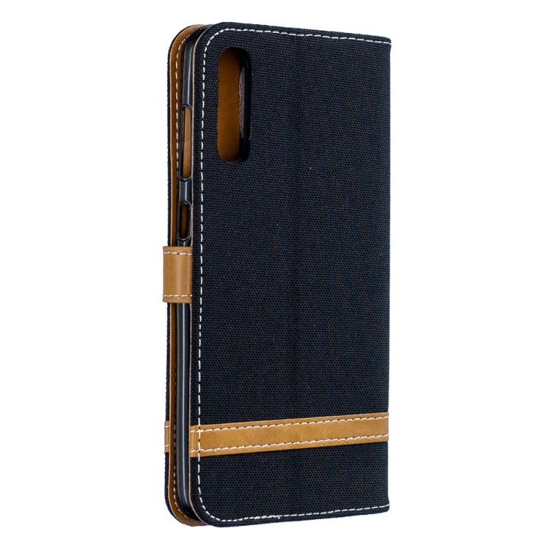 Flip Case Leren Samsung Galaxy A70 Grijs Zwart Stof En Leereffect Met String