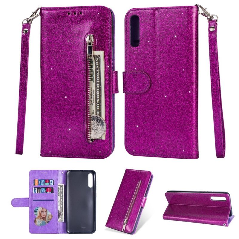 Flip Case Leren Samsung Galaxy A70 Magenta Zwart Portemonnee Met Glitterband