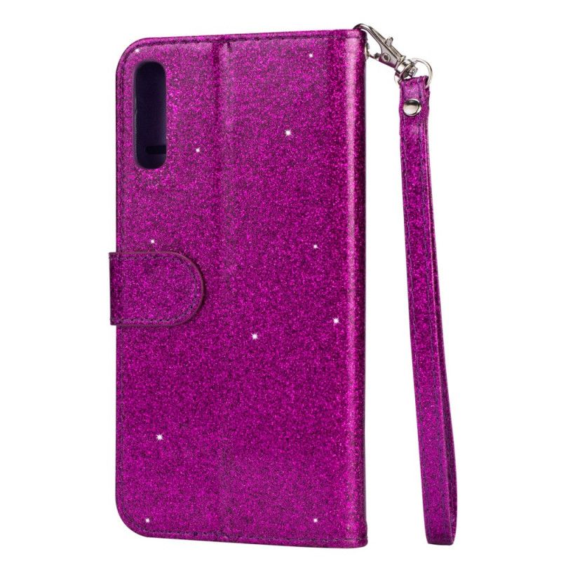 Flip Case Leren Samsung Galaxy A70 Magenta Zwart Portemonnee Met Glitterband