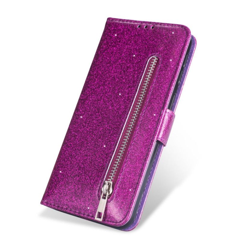 Flip Case Leren Samsung Galaxy A70 Magenta Zwart Portemonnee Met Glitterband