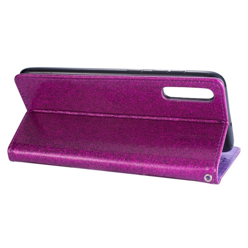 Flip Case Leren Samsung Galaxy A70 Magenta Zwart Portemonnee Met Glitterband