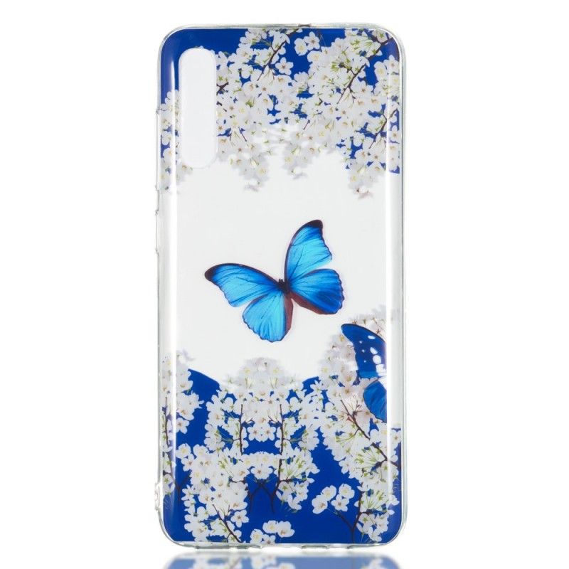 Hoesje Samsung Galaxy A70 Blauwe Vlinder En Winterbloemen