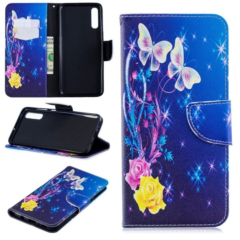 Leren Hoesje Samsung Galaxy A70 Donkerblauw Magenta Telefoonhoesje Gouden Vlinders