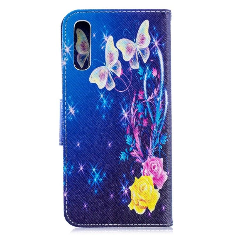 Leren Hoesje Samsung Galaxy A70 Donkerblauw Magenta Telefoonhoesje Gouden Vlinders