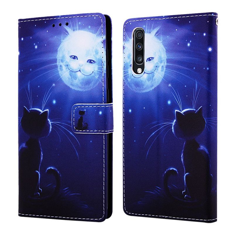 Leren Hoesje Samsung Galaxy A70 Maanverlichte Kat Met String