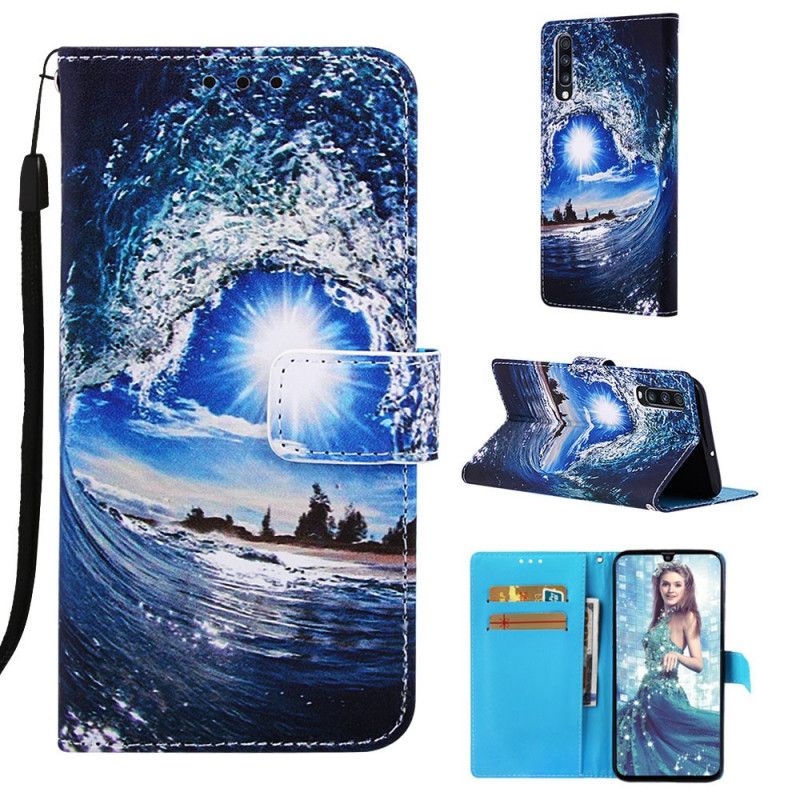 Leren Hoesje Samsung Galaxy A70 Marineblauw Landschaps-Mijmeringen Met Strings