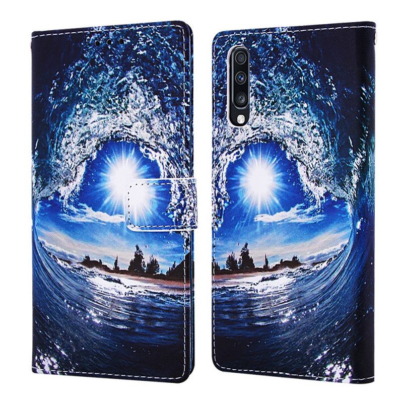 Leren Hoesje Samsung Galaxy A70 Marineblauw Landschaps-Mijmeringen Met Strings