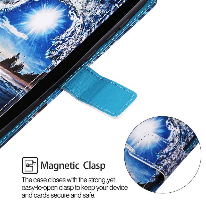 Leren Hoesje Samsung Galaxy A70 Marineblauw Landschaps-Mijmeringen Met Strings