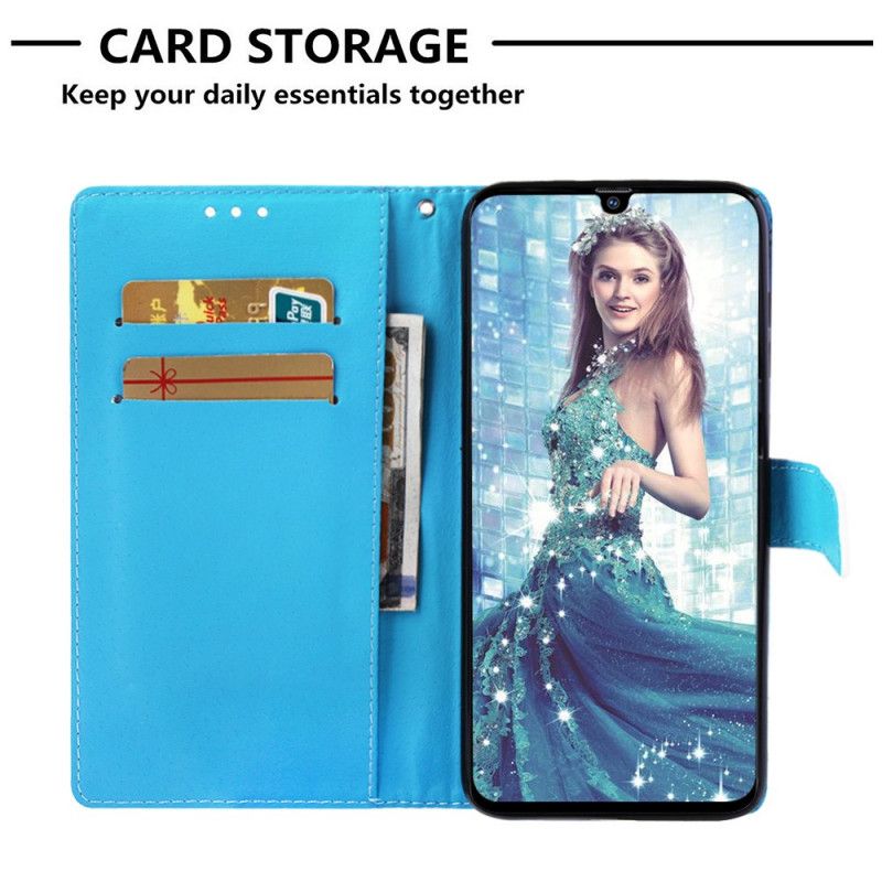 Leren Hoesje Samsung Galaxy A70 Marineblauw Landschaps-Mijmeringen Met Strings