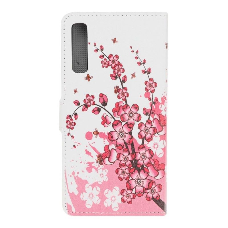 Leren Hoesje Samsung Galaxy A70 Roze Magenta Tropische Bloemen
