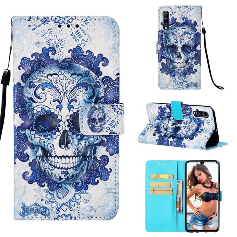 Leren Hoesje voor Samsung Galaxy A70 Blauwe Schedel