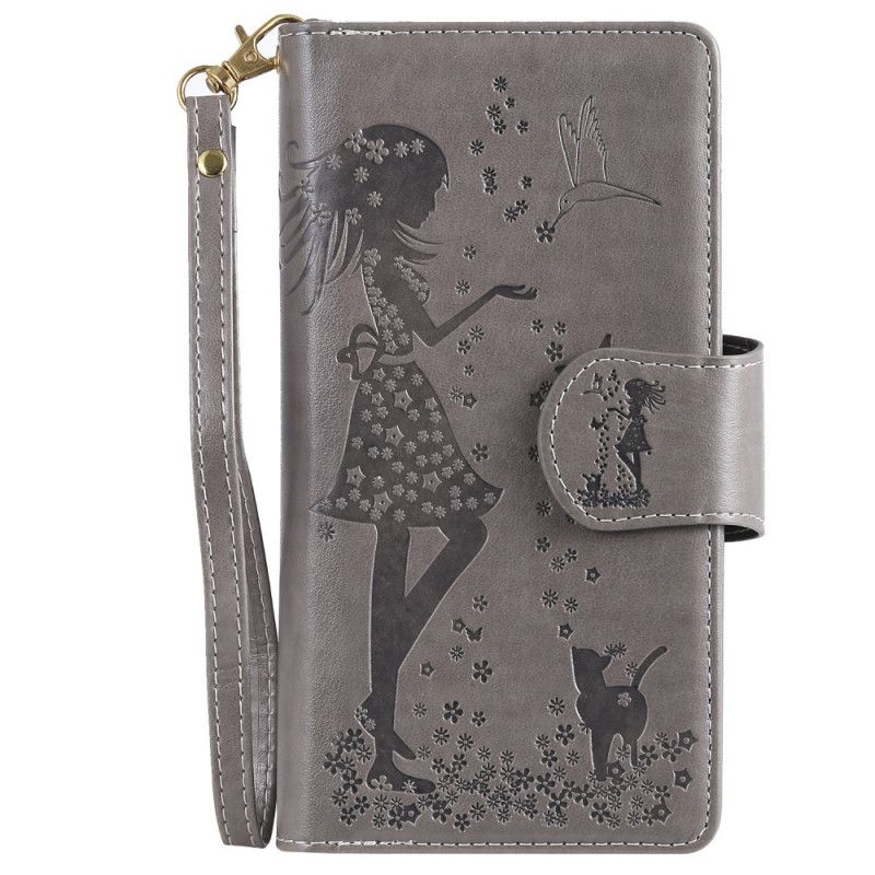 Leren Hoesje voor Samsung Galaxy A70 Grijs Vrouw Met Kat 9 Kaarten En Lanyard