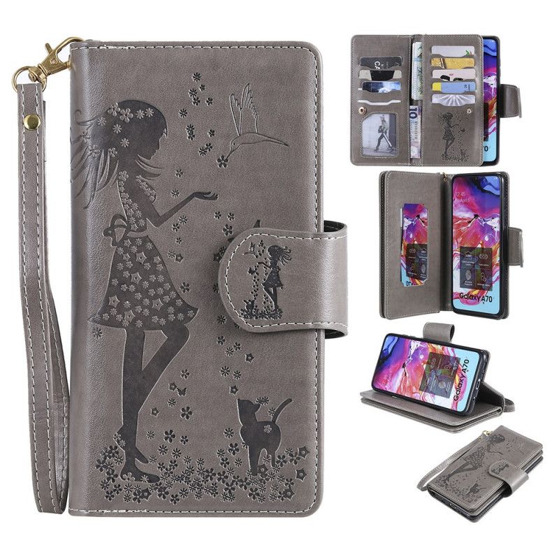 Leren Hoesje voor Samsung Galaxy A70 Grijs Vrouw Met Kat 9 Kaarten En Lanyard