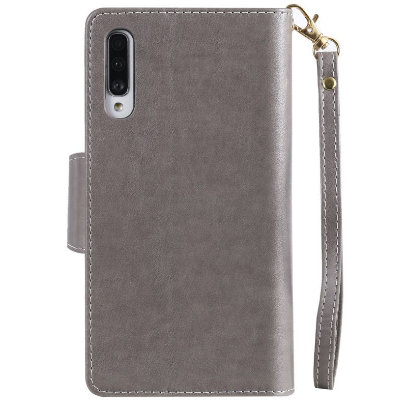 Leren Hoesje voor Samsung Galaxy A70 Grijs Vrouw Met Kat 9 Kaarten En Lanyard