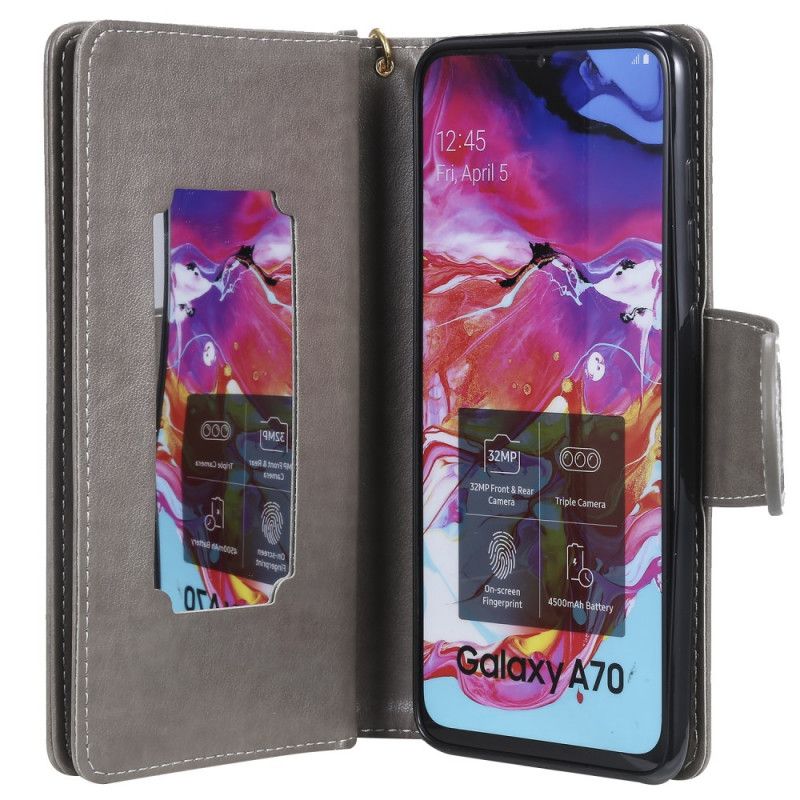 Leren Hoesje voor Samsung Galaxy A70 Grijs Vrouw Met Kat 9 Kaarten En Lanyard