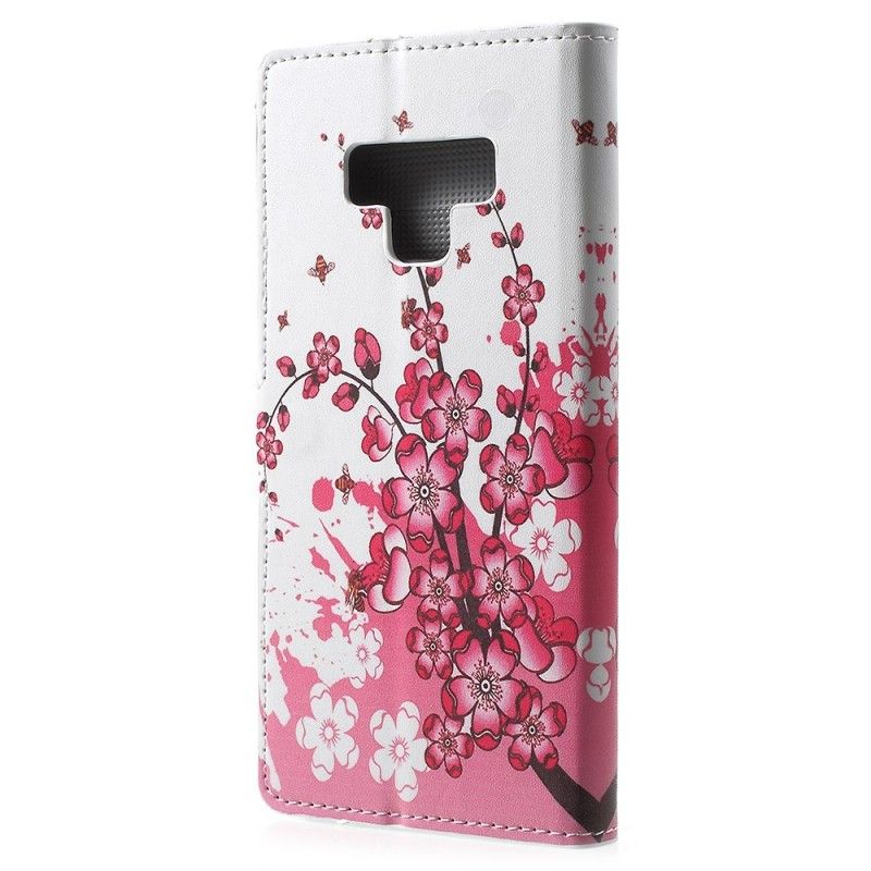 Leren Hoesje Samsung Galaxy Note 9 Roze Magenta Telefoonhoesje Tropische Bloemen