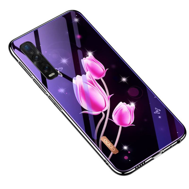 Hoesje voor Oppo Find X2 Pro Magenta Gehard Glas En Bloemensilicone