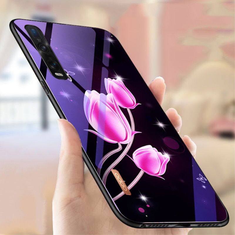 Hoesje voor Oppo Find X2 Pro Magenta Gehard Glas En Bloemensilicone