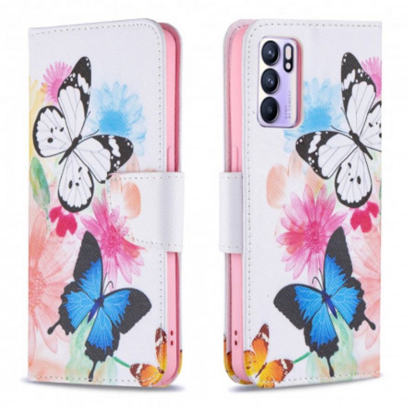 Flip Case Leren Oppo Reno 6 5g Geschilderde Vlinders En Bloemen