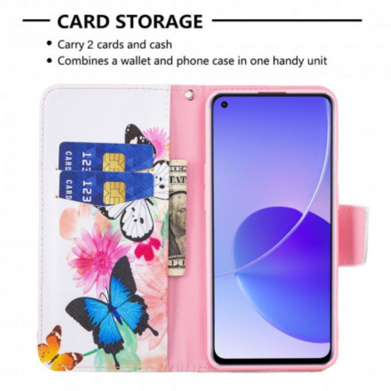 Flip Case Leren Oppo Reno 6 5g Geschilderde Vlinders En Bloemen