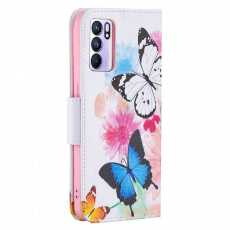 Flip Case Leren Oppo Reno 6 5g Geschilderde Vlinders En Bloemen