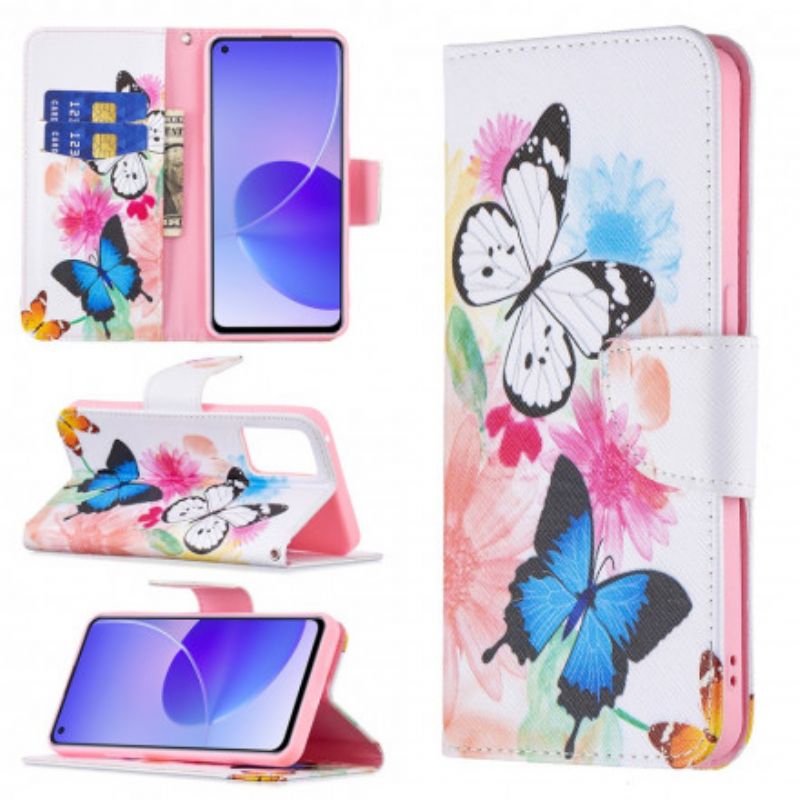 Flip Case Leren Oppo Reno 6 5g Geschilderde Vlinders En Bloemen