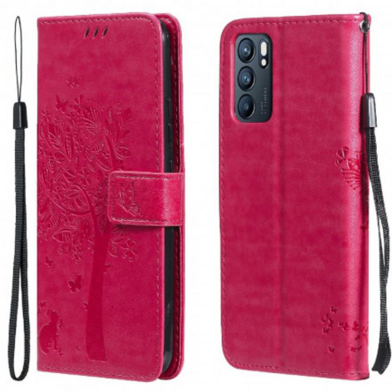 Leren Hoesje Voor Oppo Reno 6 5g Boom En String Kat