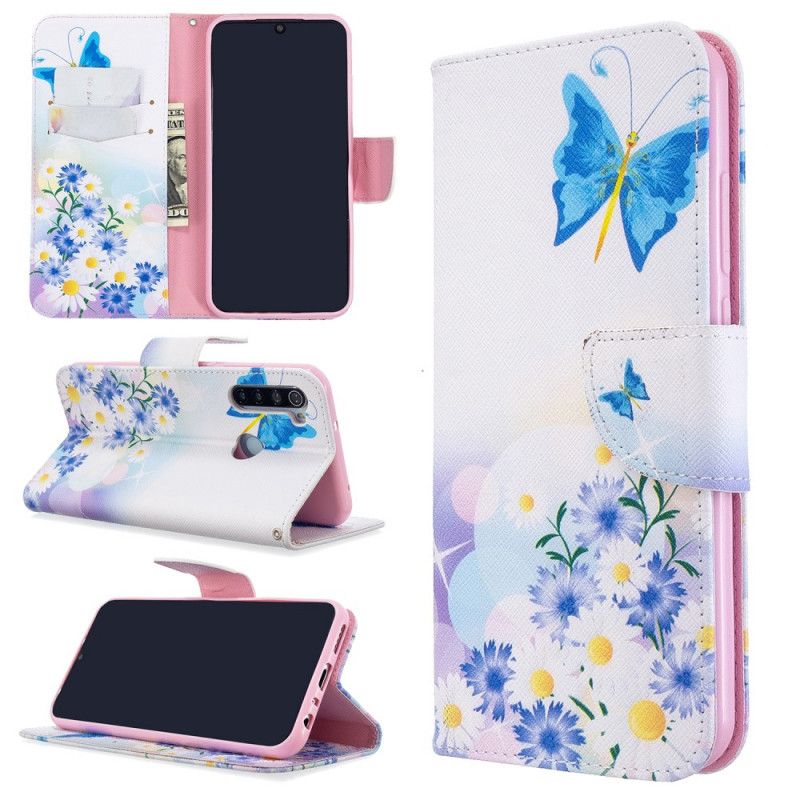 Bescherming Hoesje Xiaomi Redmi Note 8T Lichtblauw Magenta Geschilderde Vlinders En Bloemen
