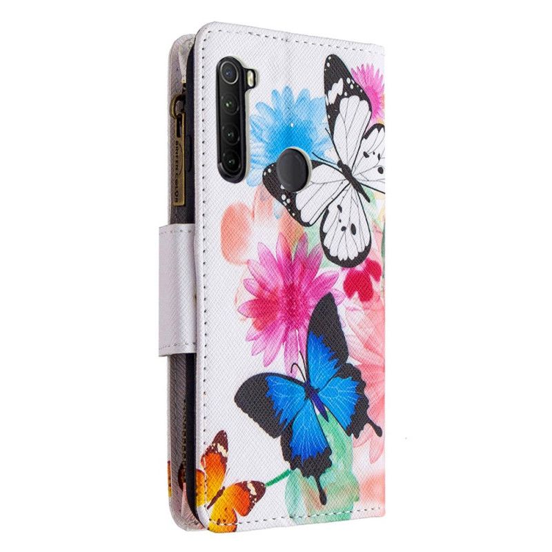 Leren Hoesje Xiaomi Redmi Note 8T Donkerblauw Wit Telefoonhoesje Vlinderzak Met Ritssluiting