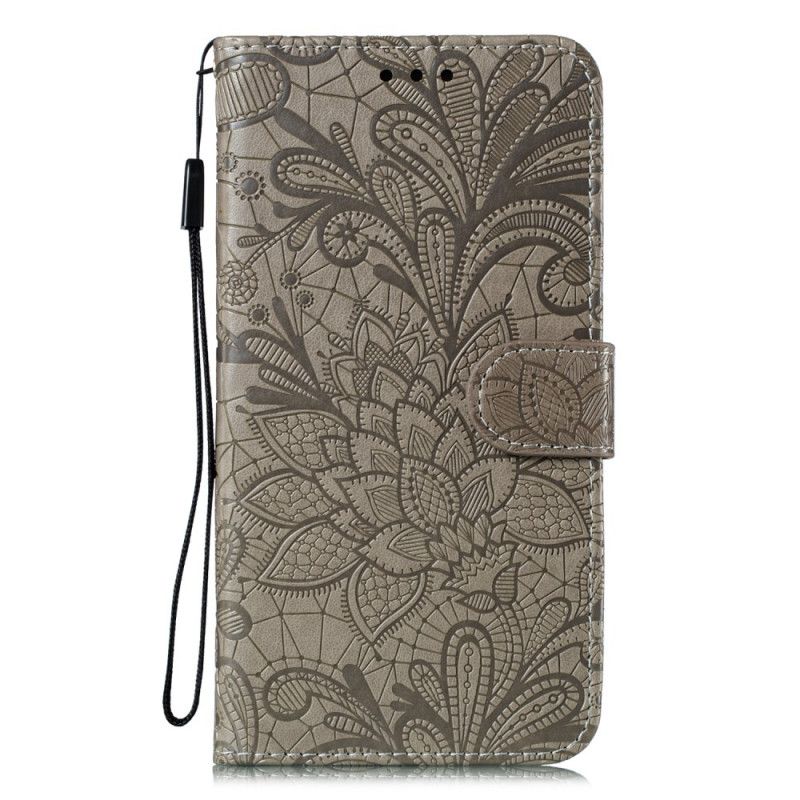 Leren Hoesje Xiaomi Redmi Note 8T Rood Grijs Tribal String Bloemen