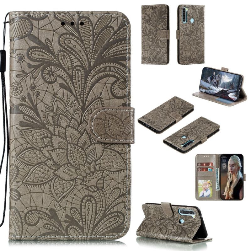 Leren Hoesje Xiaomi Redmi Note 8T Rood Grijs Tribal String Bloemen