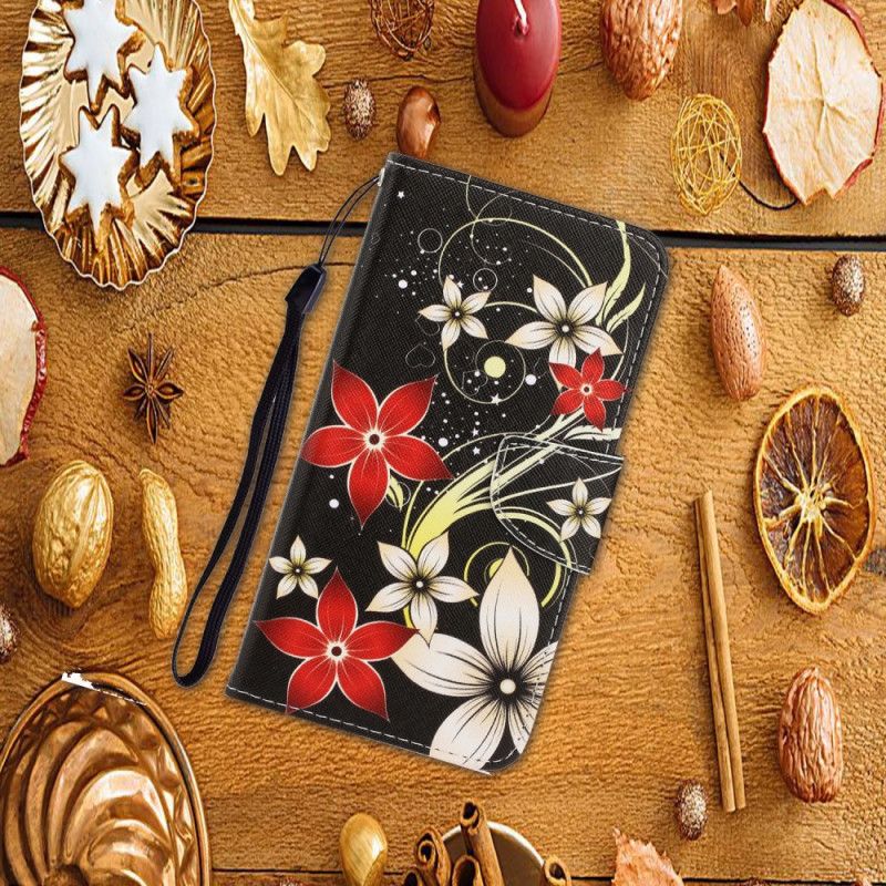 Leren Hoesje Xiaomi Redmi Note 8T Telefoonhoesje Kleurrijke Bloemen Met Een Riem