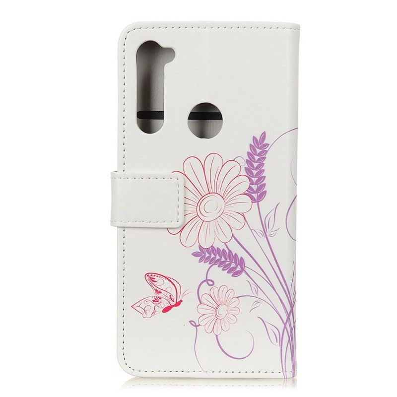 Leren Hoesje Xiaomi Redmi Note 8T Vlinders En Bloemen Tekenen