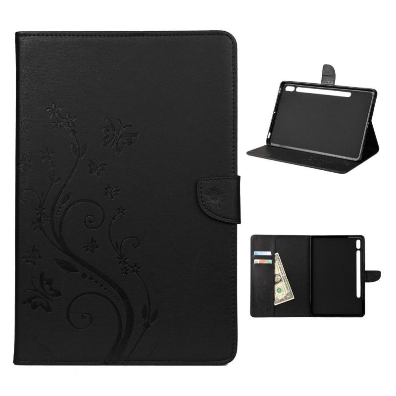 Cover Folio-hoesje Samsung Galaxy Tab S7 Grijs Zwart Telefoonhoesje Bloemenvlinders