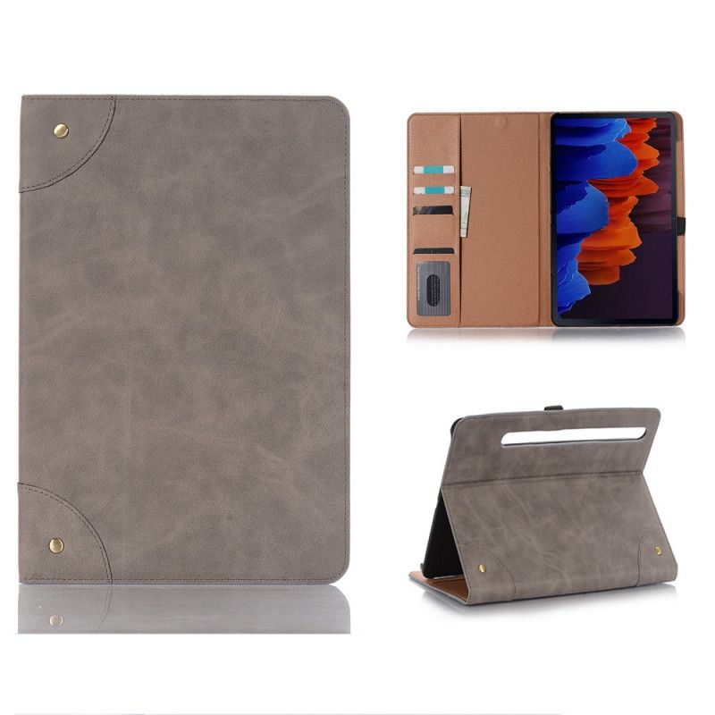 Cover voor Samsung Galaxy Tab S7 Grijs Zwart Vintage Kunstleer Klinknagels