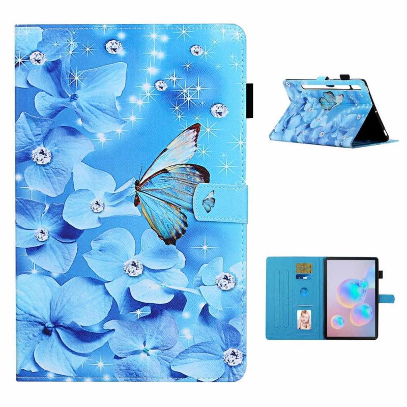 Leren Hoesje Samsung Galaxy Tab S7 Lichtblauw Donkerblauw Bloemen