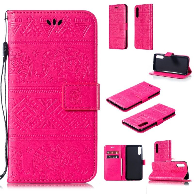 Cover Folio-hoesje Samsung Galaxy A50 Donkerblauw Magenta Telefoonhoesje Kunstleer Tribale Olifanten