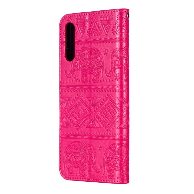 Cover Folio-hoesje Samsung Galaxy A50 Donkerblauw Magenta Telefoonhoesje Kunstleer Tribale Olifanten