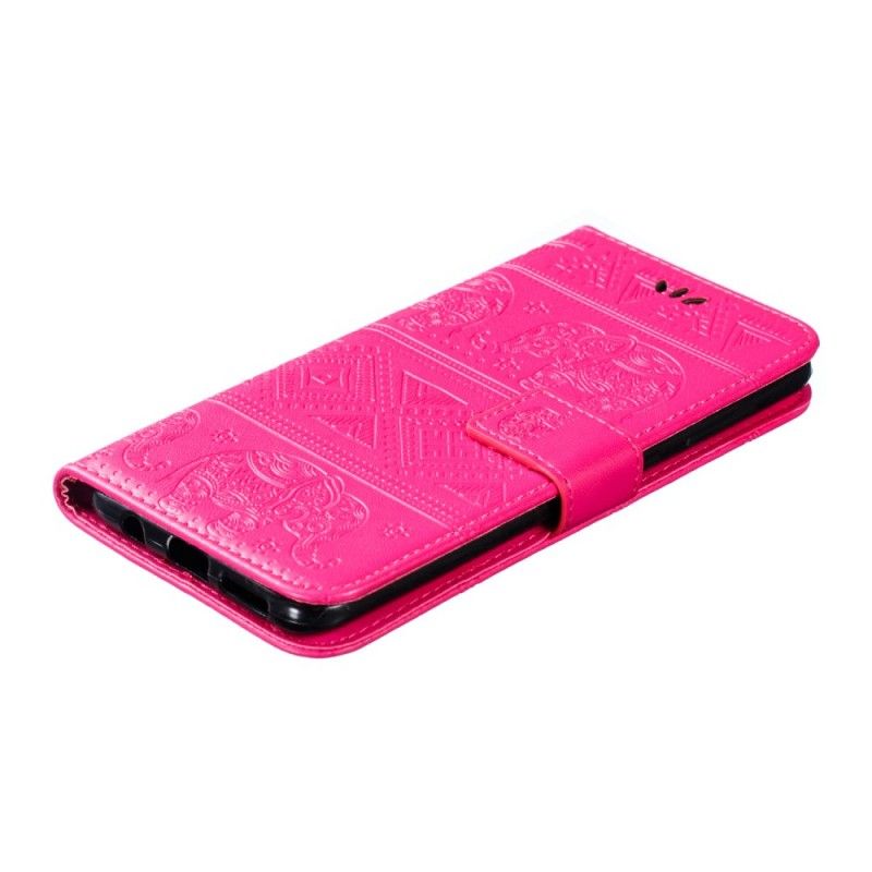 Cover Folio-hoesje Samsung Galaxy A50 Donkerblauw Magenta Telefoonhoesje Kunstleer Tribale Olifanten