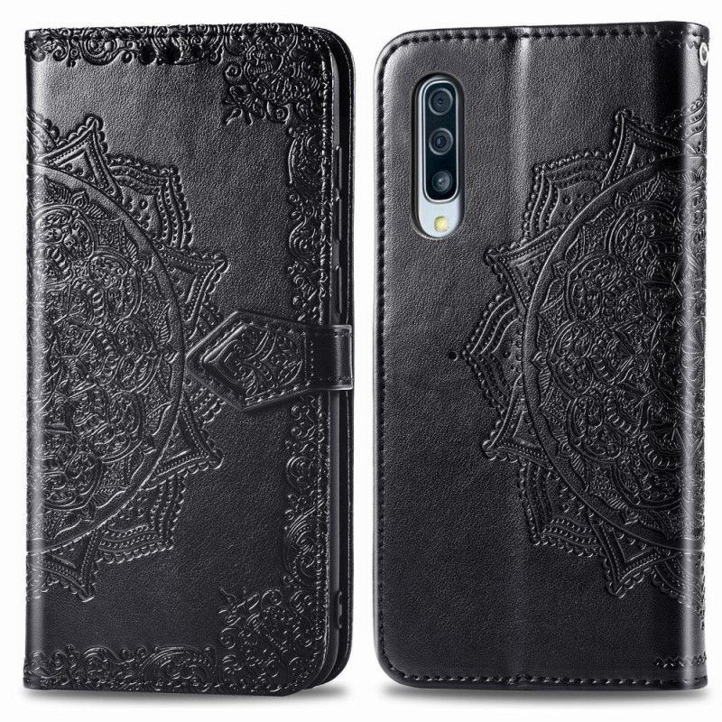 Leren Hoesje Samsung Galaxy A50 Grijs Zwart Mandala Van Middelbare Leeftijd