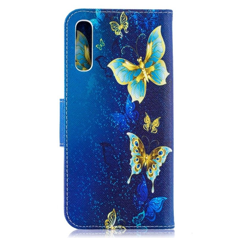 Leren Hoesje Samsung Galaxy A50 Lichtblauw Roze Gouden Vlinders