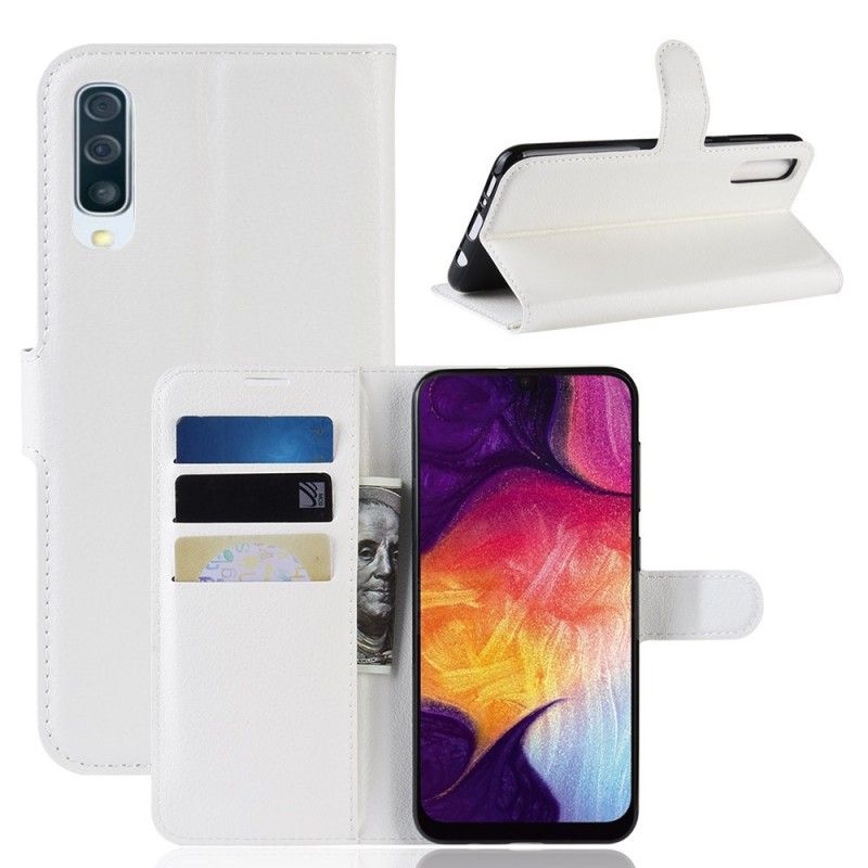 Leren Hoesje Samsung Galaxy A50 Wit Zwart Telefoonhoesje Retro Kunstleer