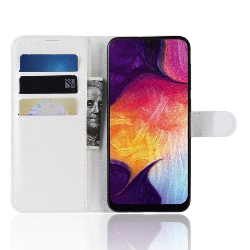 Leren Hoesje Samsung Galaxy A50 Wit Zwart Telefoonhoesje Retro Kunstleer